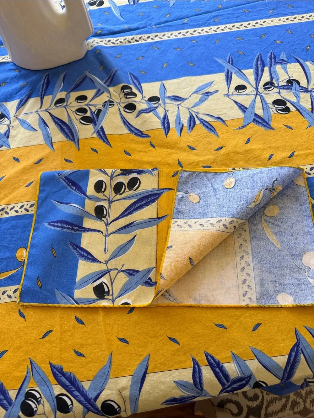 Vintage French Blue and Yellow Tablecloth